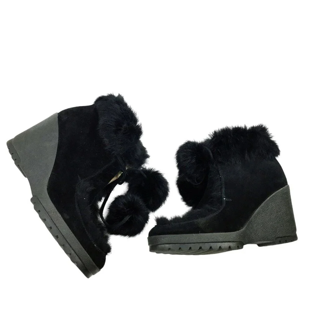 COACH Kataya Black Suede Rabbit Fur Trim Lace Up‎ Wedge Booties